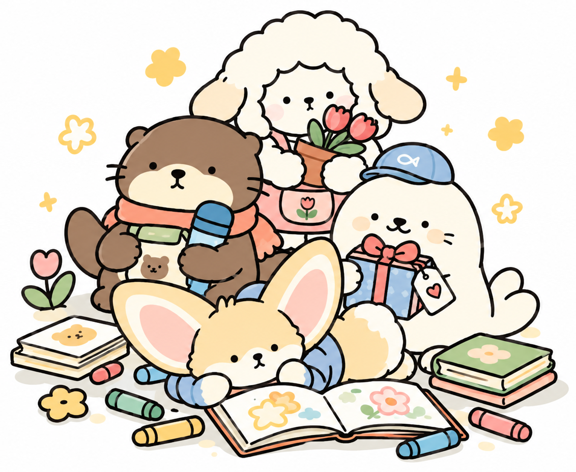 Nori, Pebble, Luma, and Fenn gathered together with coloring books and crayons