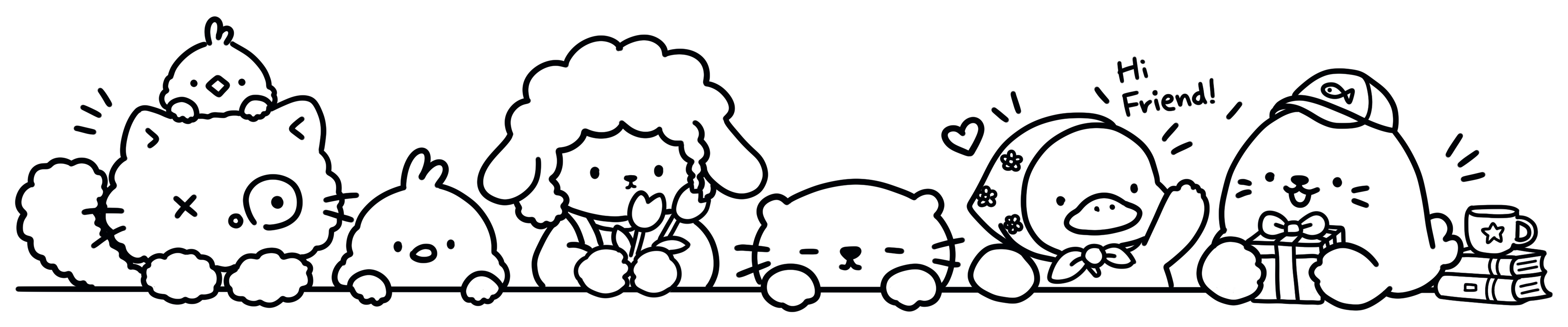 A lineup of Tiny Coloring Pages characters peeking over a line, waving hello