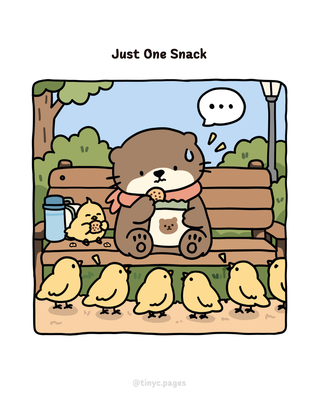 Just One Snack comic, part 2: Pebble looks down to find a whole flock of birds lined up, waiting their turn for the last snack.