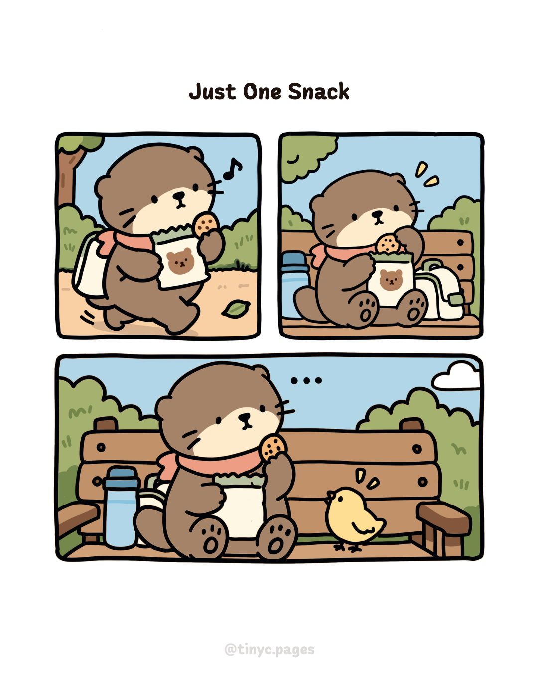 Just One Snack comic, part 1: Pebble happily opens a snack bag on a bench, then freezes as one little bird watches closely and gets offered half.