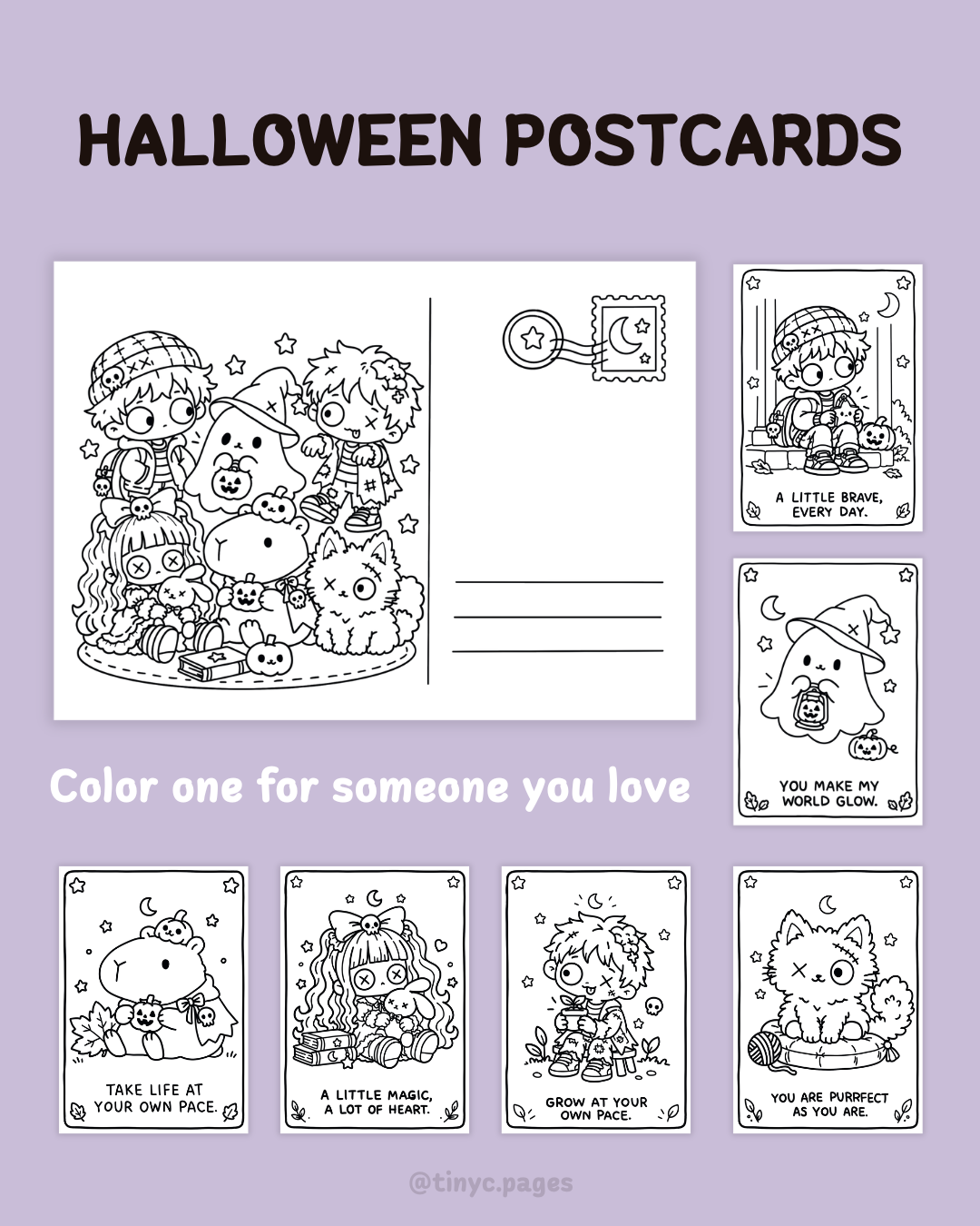 Halloween Postcards — free coloring postcards featuring a zombie boy, a witch ghost, a rag doll, a ghost capybara and a black cat
