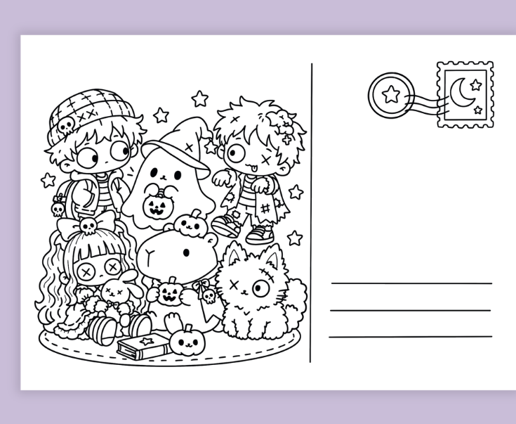Halloween Postcards — zombie boy, witch ghost, rag doll, ghost capybara and black cat