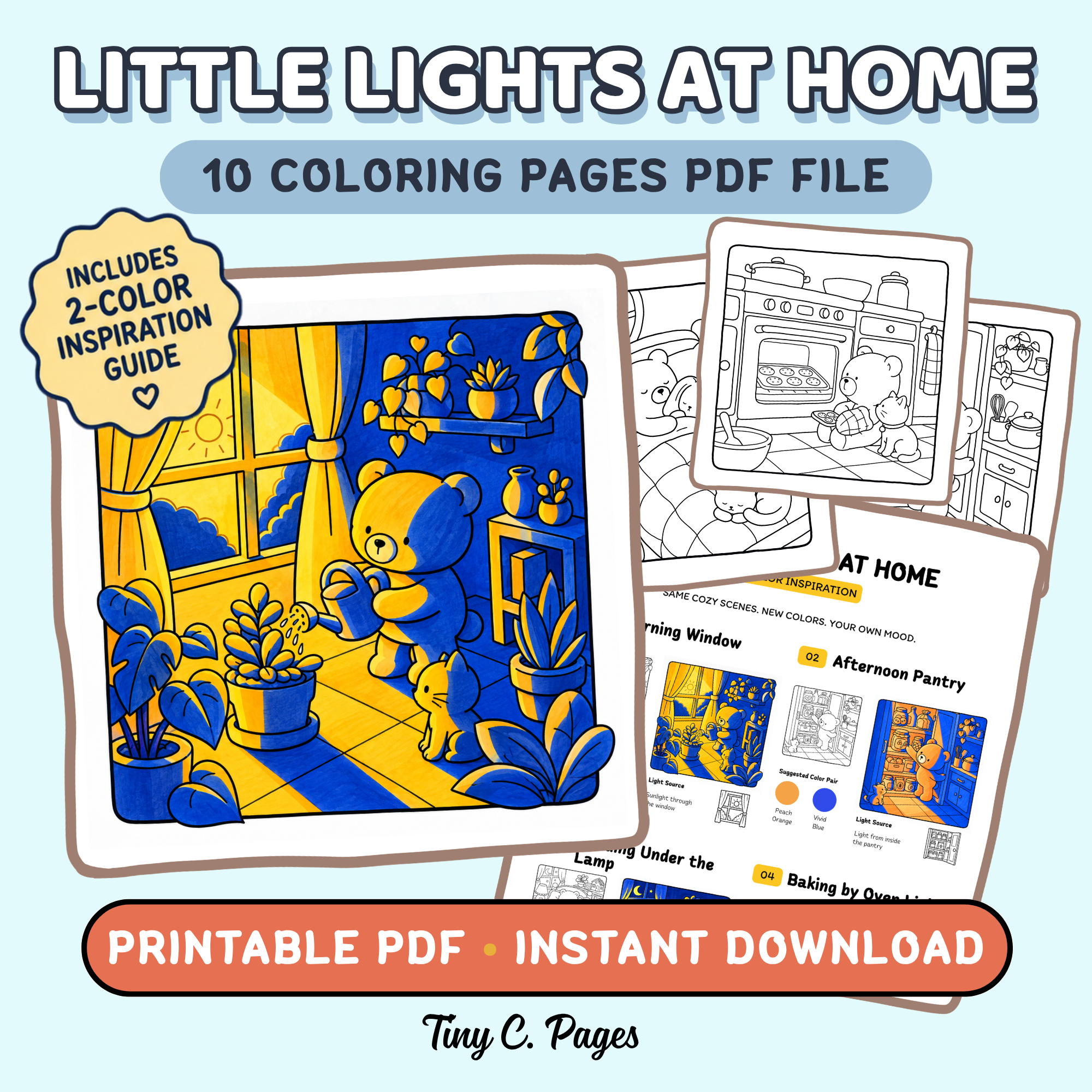 Cozy Home Scenes Coloring Pages, Light & Shadow Bear, Bunny, Cat